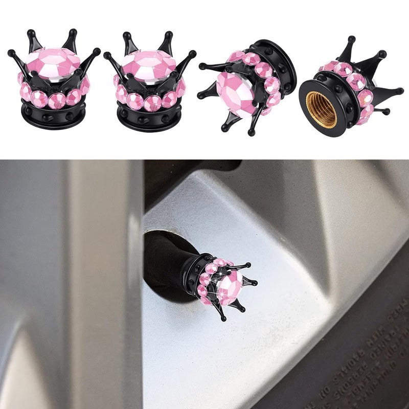 smilfuy 4PCS Crown Tire Valve Stem Caps, Bling Handmade Crystal Rhinestone Wheel Tire Valve Caps Covers Chrome, Attractive Dustproof Bling Car Accessories, Universal for Car SUV Truck (Pink Black) - Image 1